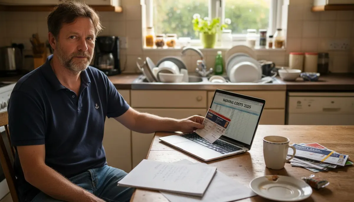 Homeowner budgeting moving expenses at kitchen table