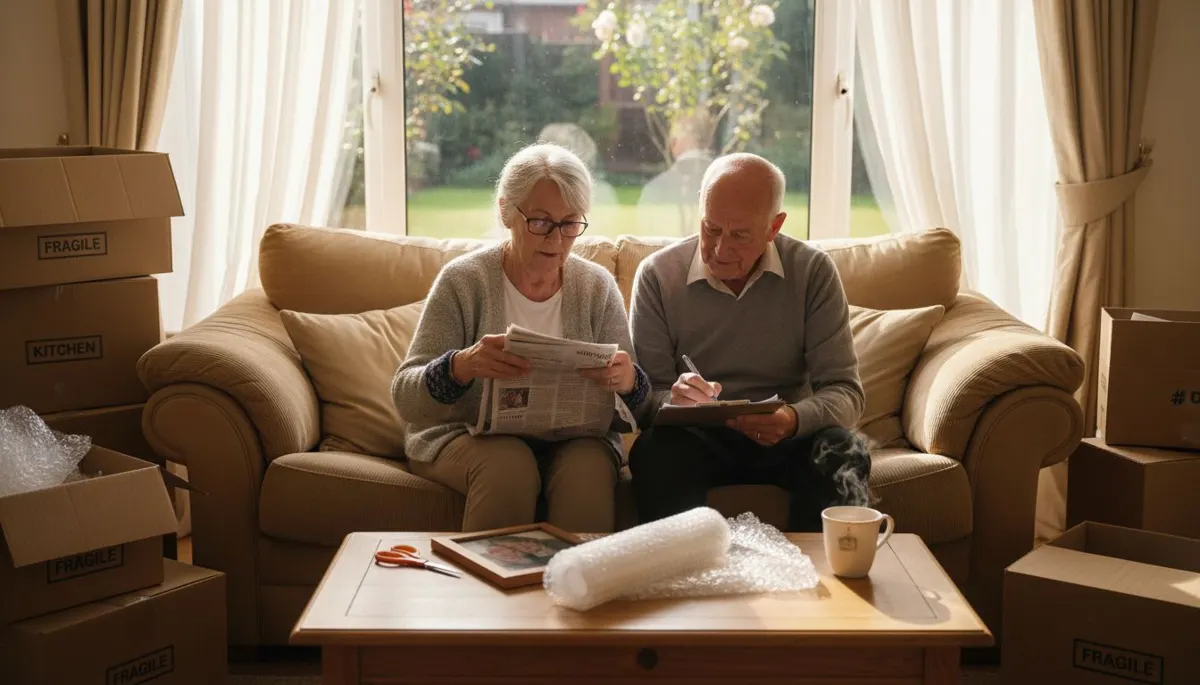 Elderly couple packing living room boxes