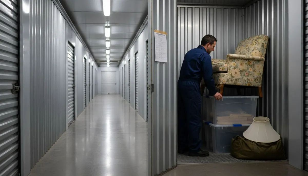 Worker stacking furniture inside storage unit