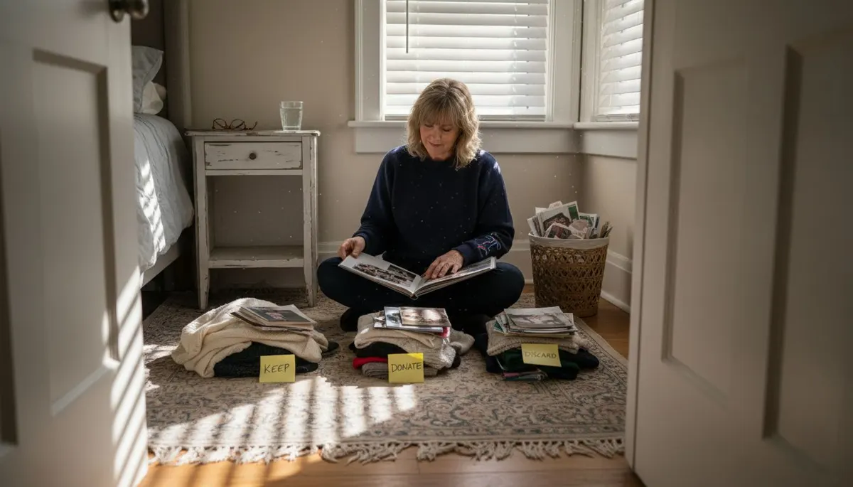 Woman sorts and declutters belongings into piles
