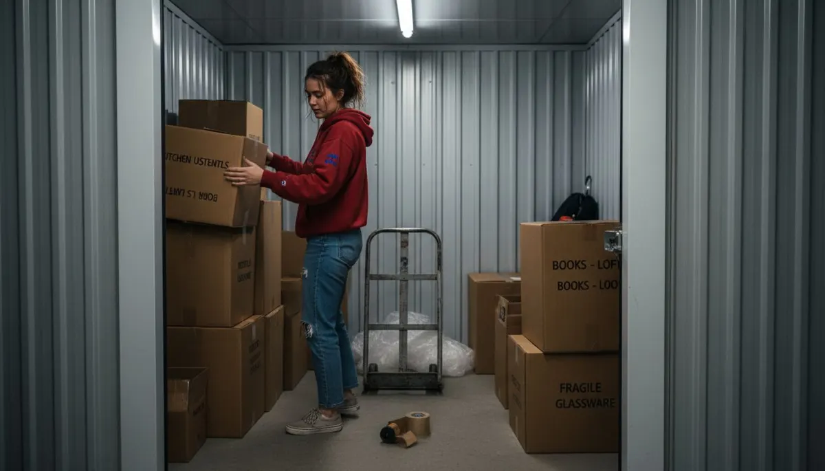 Woman stacking boxes inside storage unit