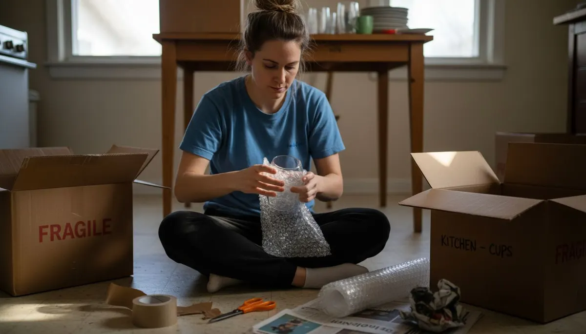 Woman wrapping glassware before moving