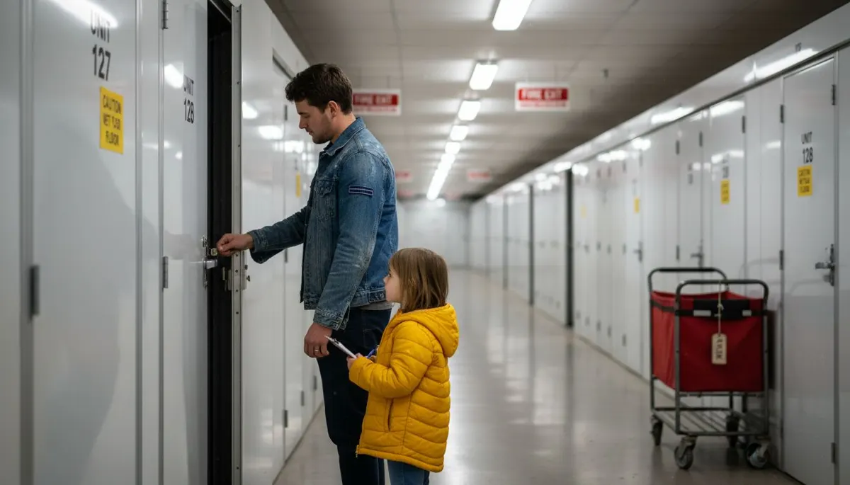 Father and daughter in storage facility corridor