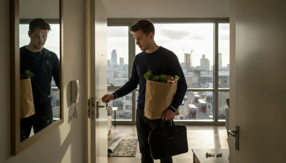 Man entering apartment with London cityscape