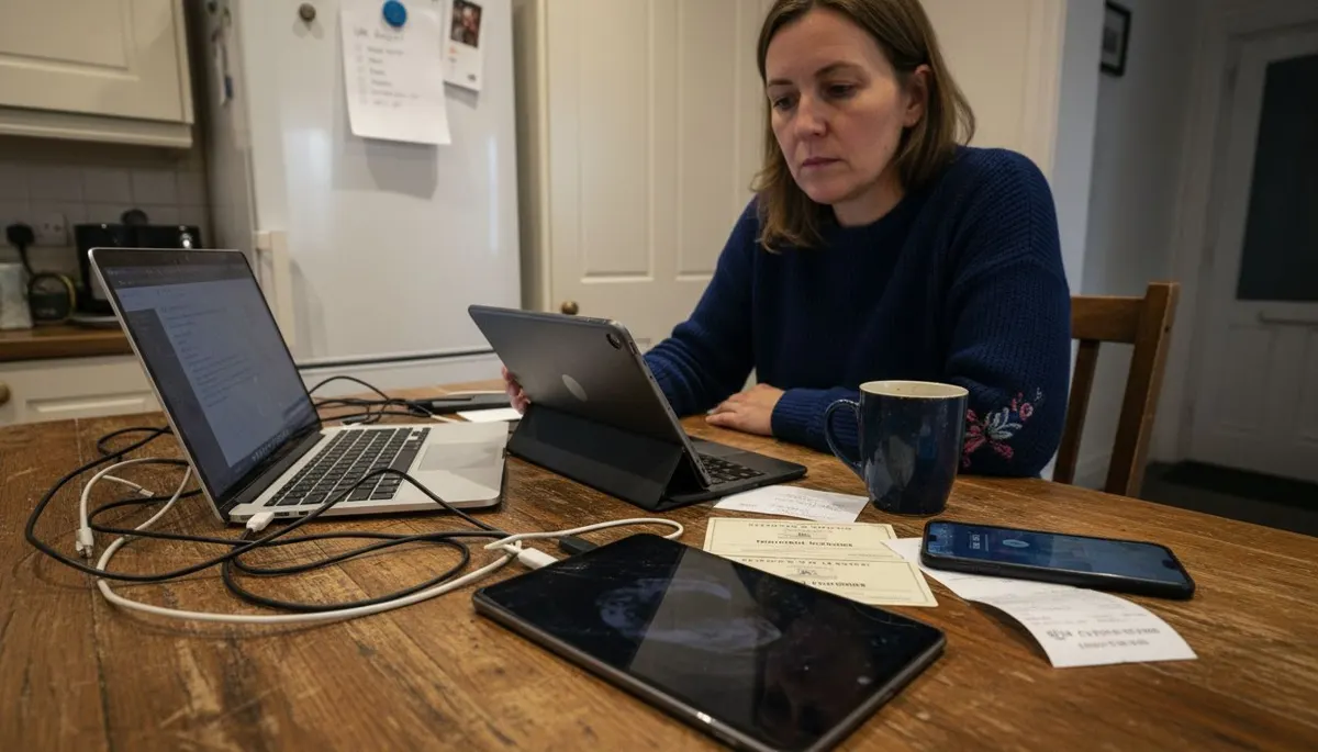 Woman prepping electronics docs for UK import