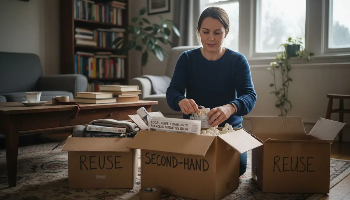 Woman packing with recycled and reusable materials