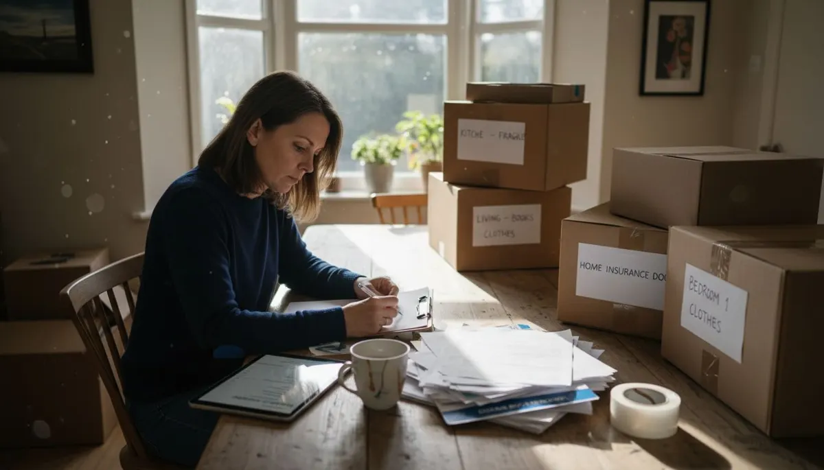 Homeowner reviewing moving insurance paperwork