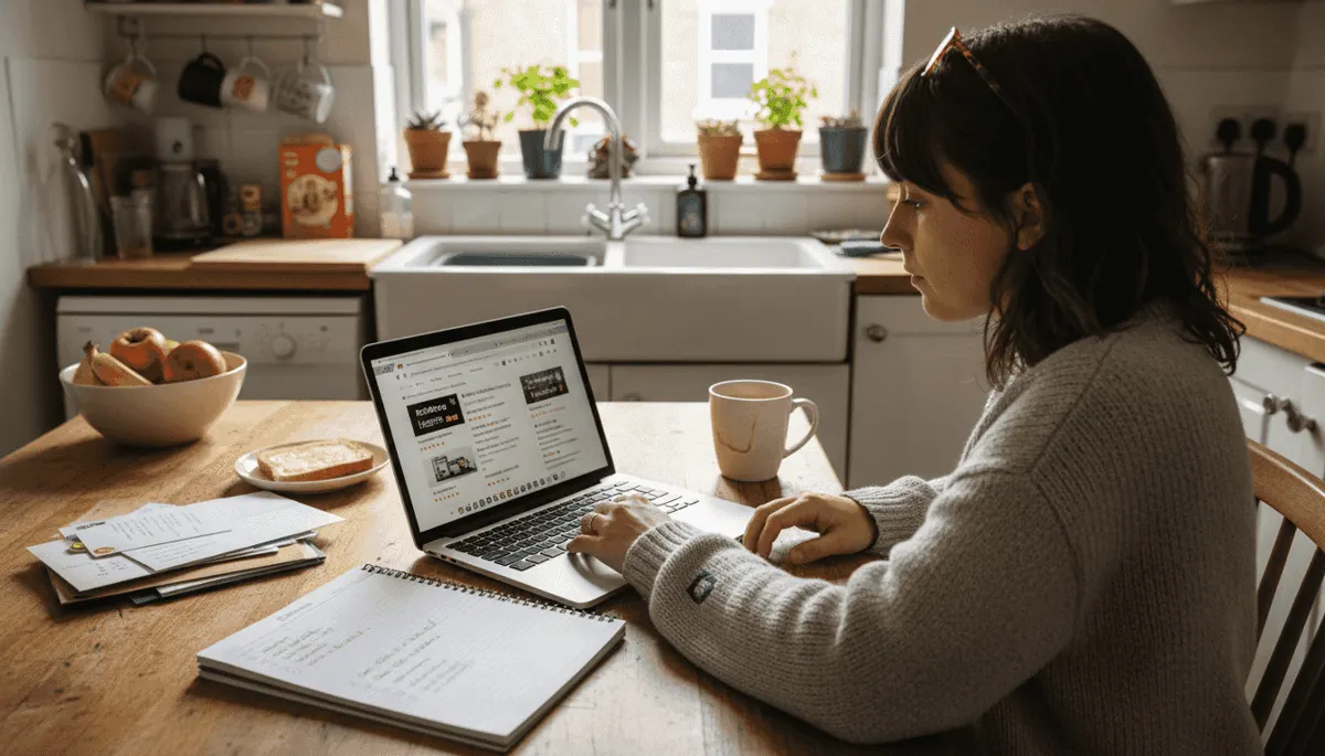 Woman researches moving companies at kitchen table