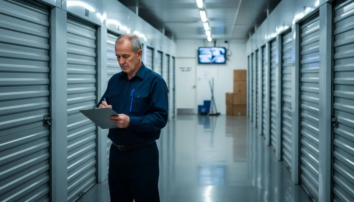 Storage facility corridor with security check