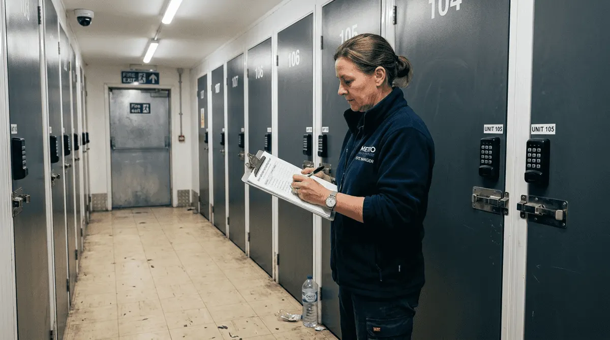 Manager inspects secure self-storage hallway