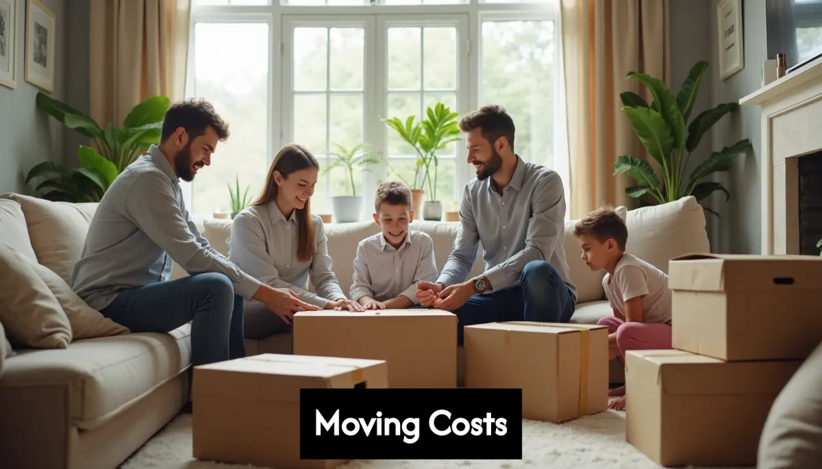 Family and movers packing boxes for home move