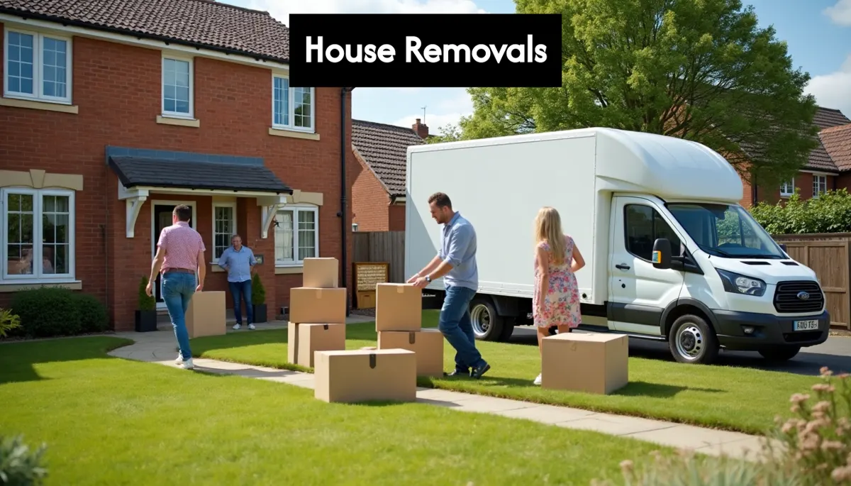 Family moving house with boxes and van