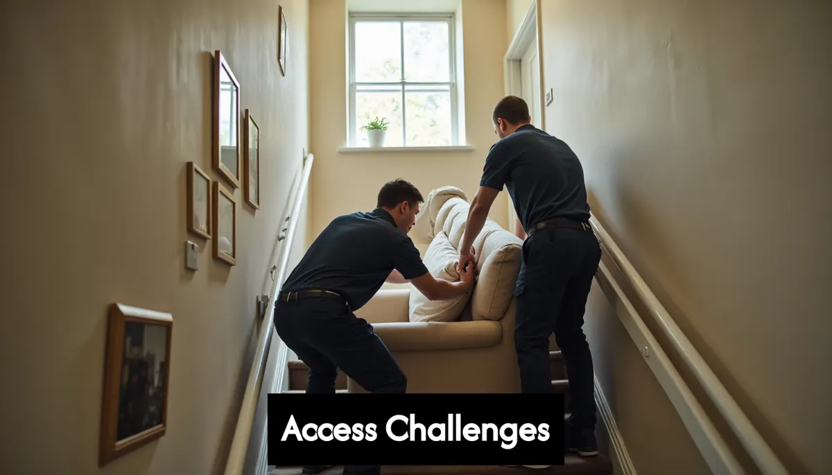 Movers carrying sofa down narrow staircase