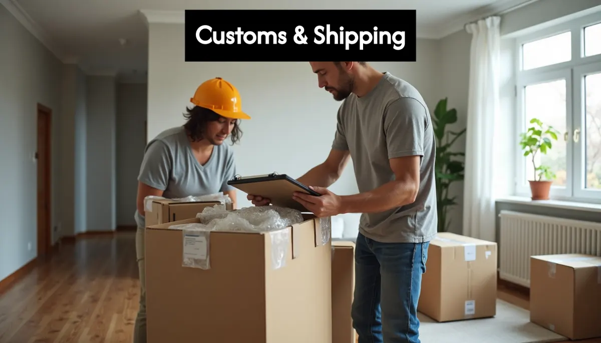 Movers packing boxes for international shipping