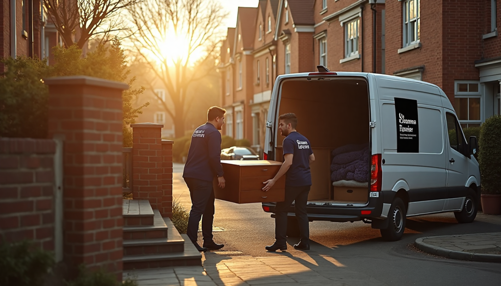 Removals team carries antique dresser into moving van at sunrise