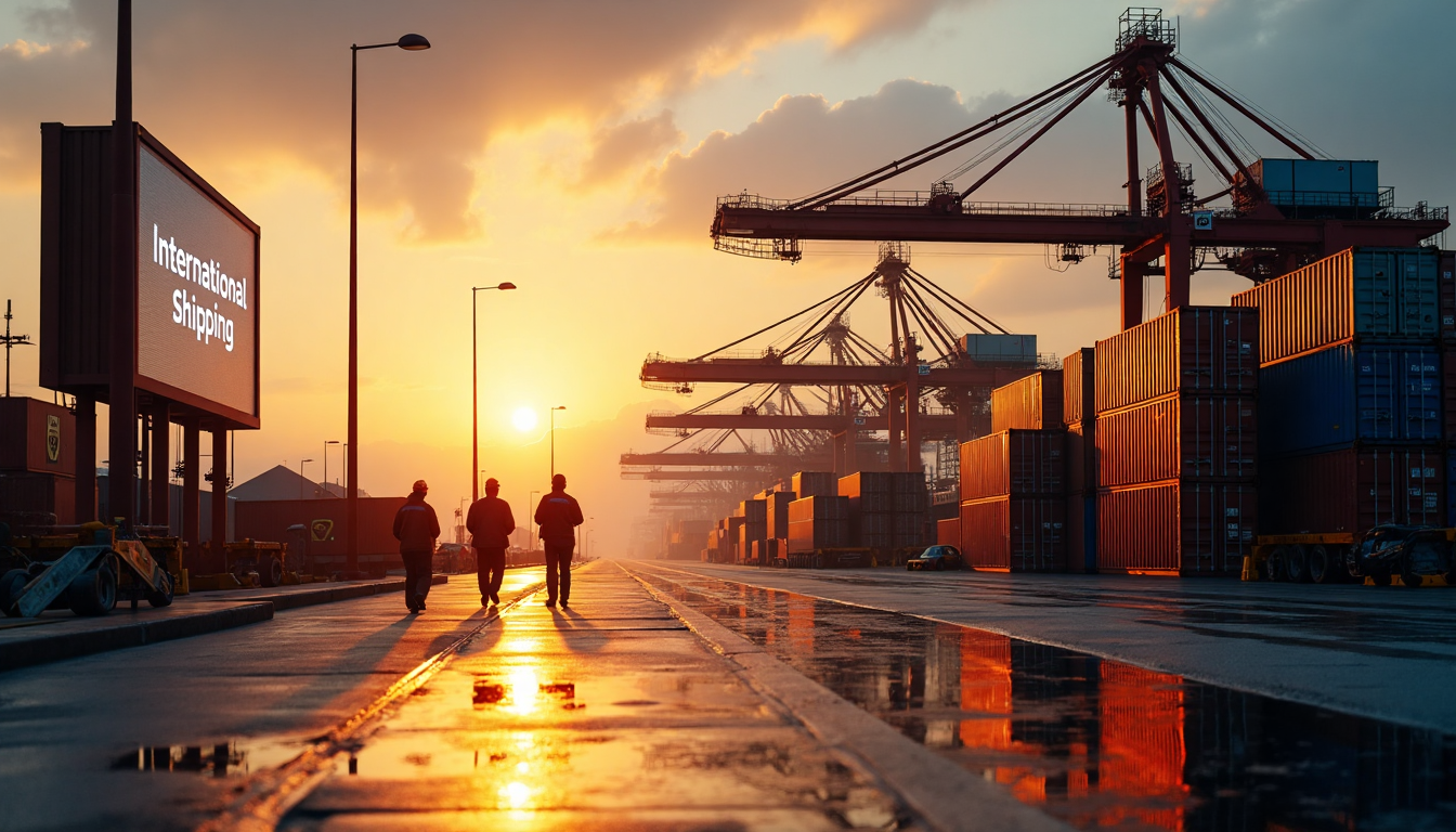 Shipping port at sunrise with 'International Shipping' banner