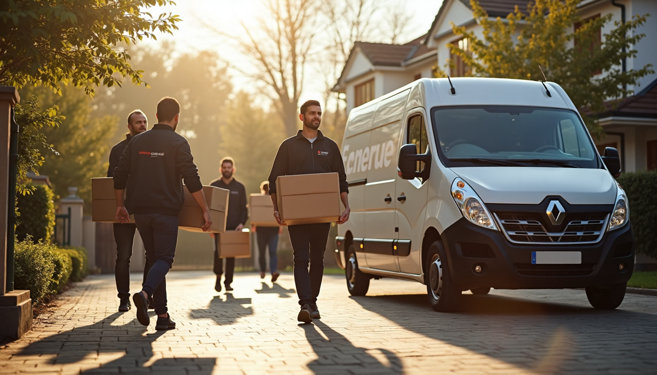Removal team carries boxes from home to secure branded van