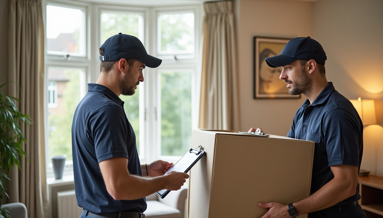 Team of movers assessing and preparing to lift a large wardrobe in a bright UK living room