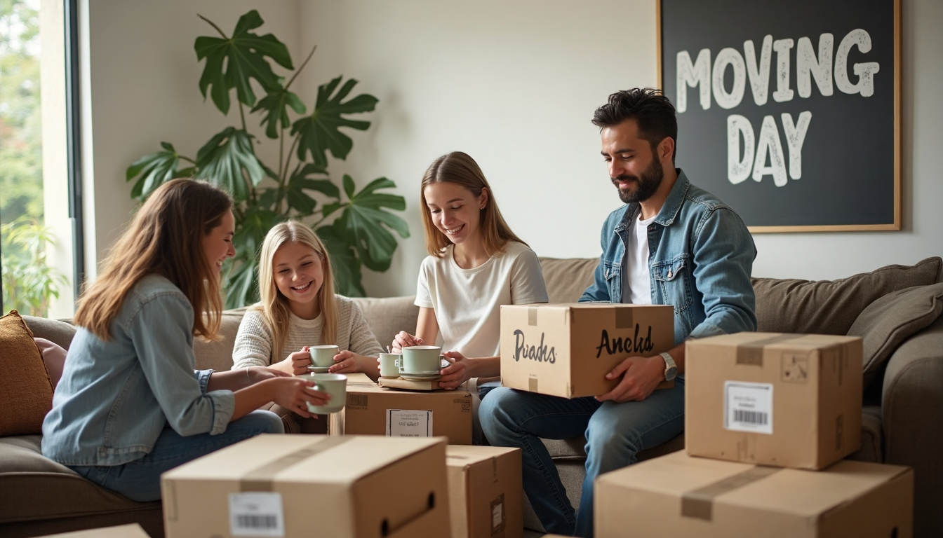 UK family packing moving boxes in sunlit living room