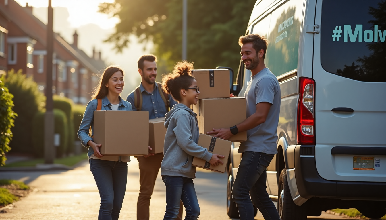 Family unloading boxes from branded removal van in Darlington