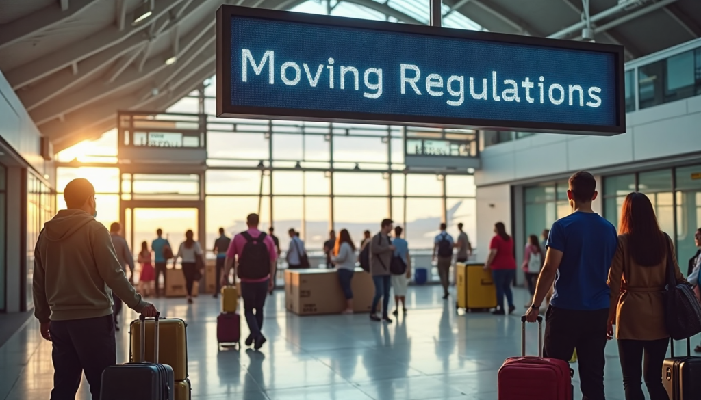 Travelers at UK airport arrivals with 'Moving Regulations' displayed