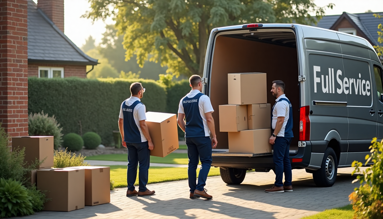Removal professionals move boxes from UK home with branded van