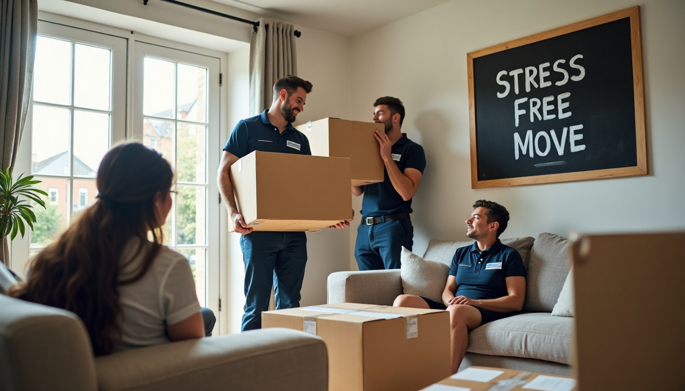 Professional packers packing boxes in UK home with family relaxed nearby