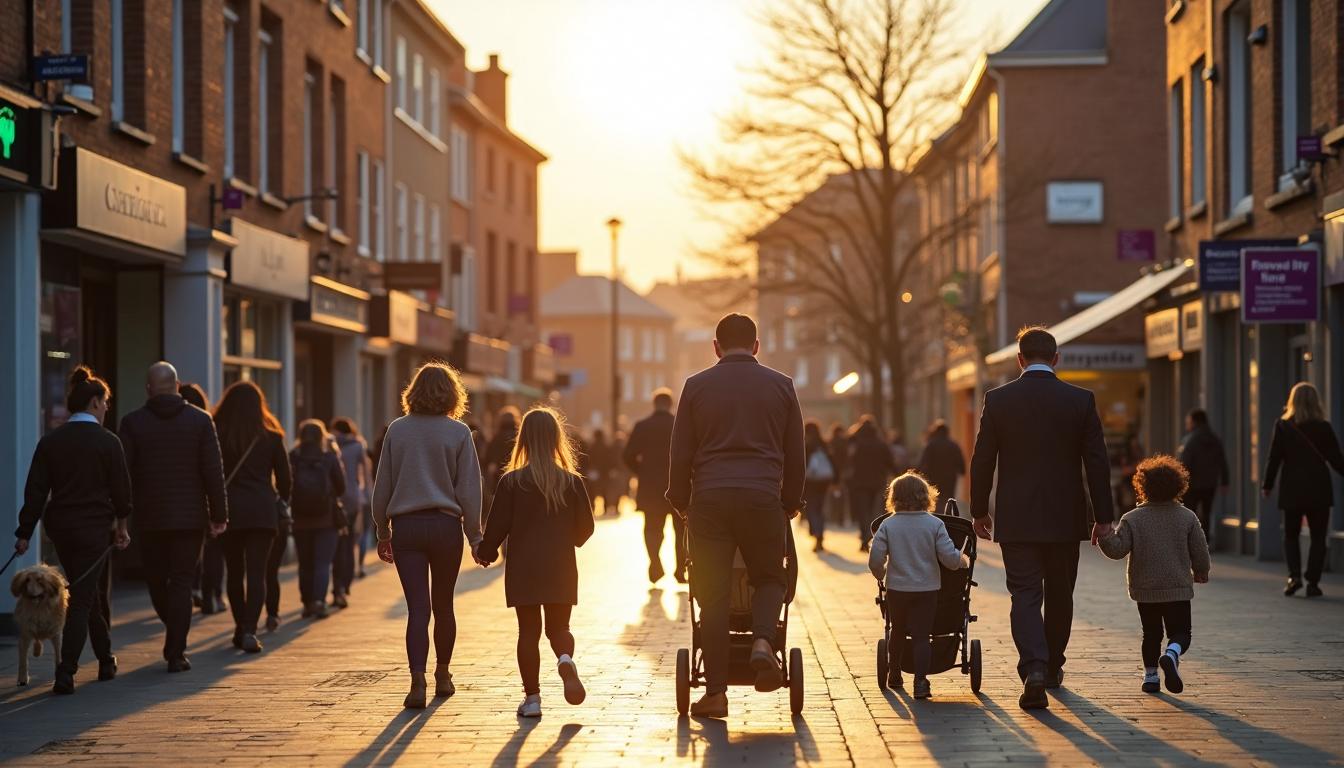 Families and professionals in Darlington town center with 'Opportunity & Wellbeing' signage