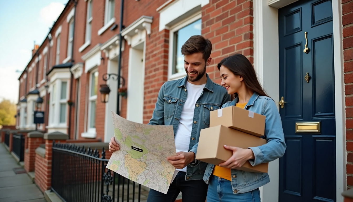 Darlington-bound couple moving boxes outside classic terraced UK home