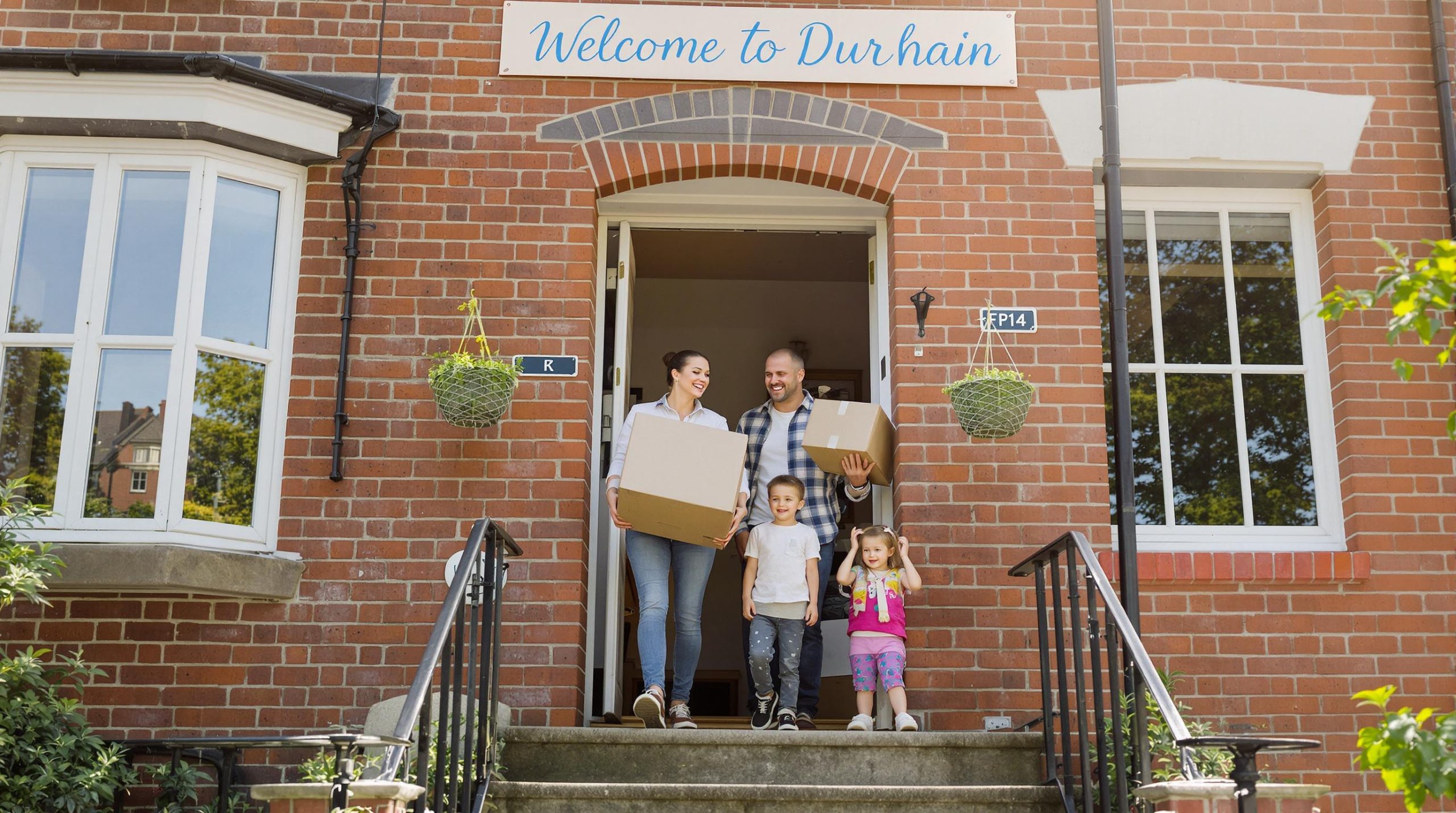 Family moving into classic Durham home with Welcome to Durham banner