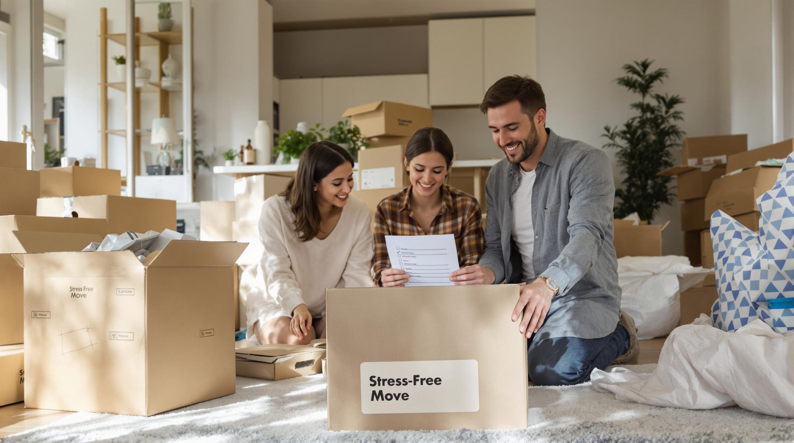 British family calmly packing and labelling boxes for a stress-free house move