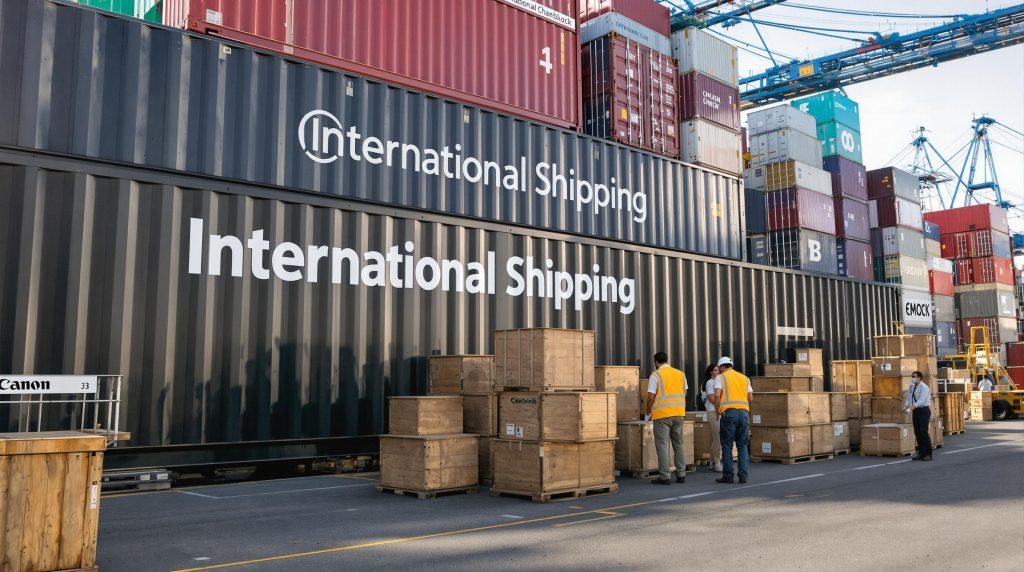 Family and workers loading belongings at a shipping port preparing for international move