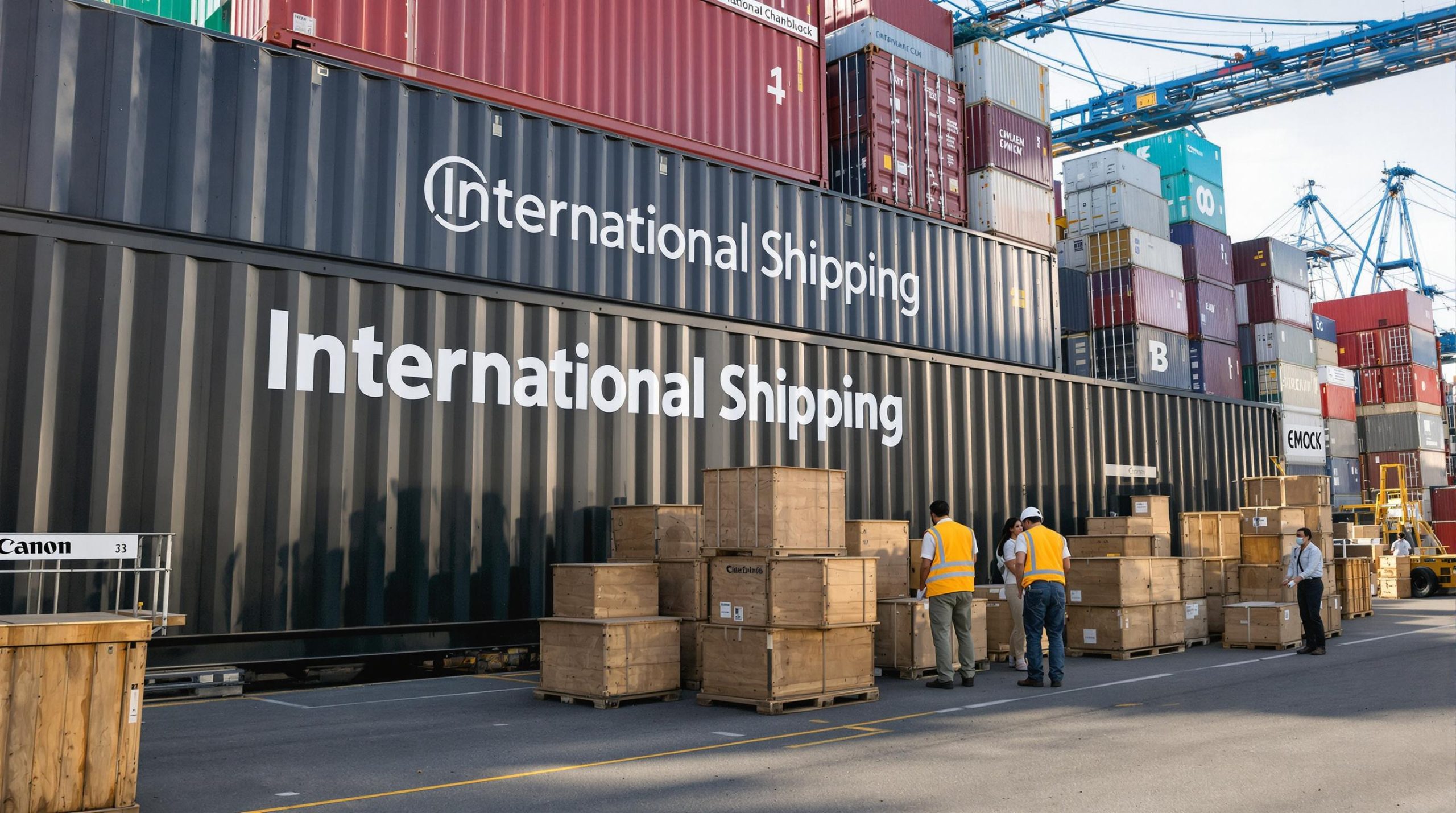 Family and workers loading belongings at a shipping port preparing for international move
