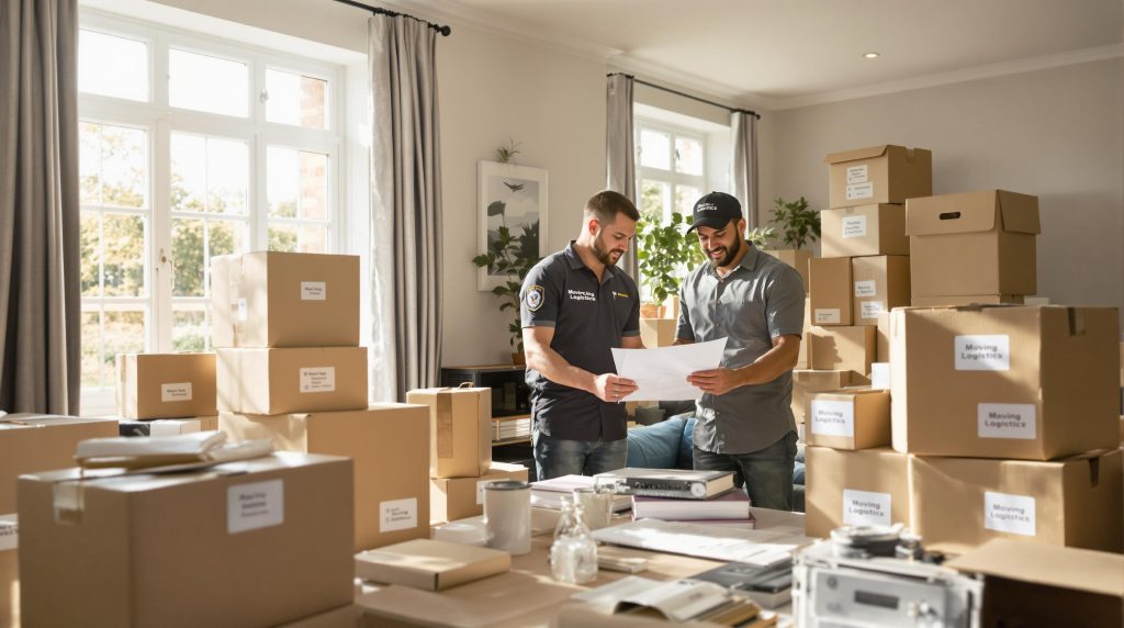Family and mover organizing moving day logistics with boxes and checklists