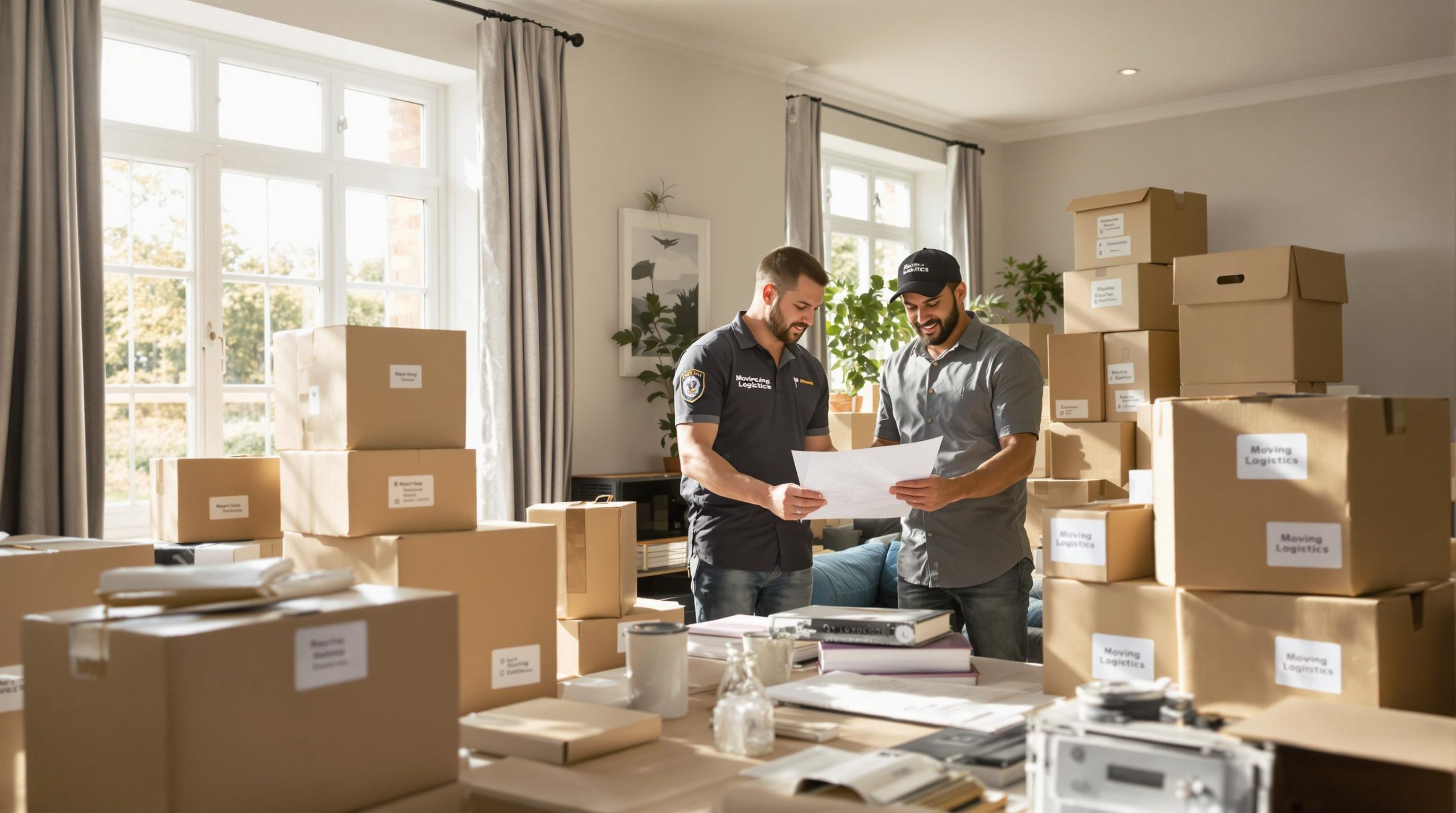 Family and mover organizing moving day logistics with boxes and checklists