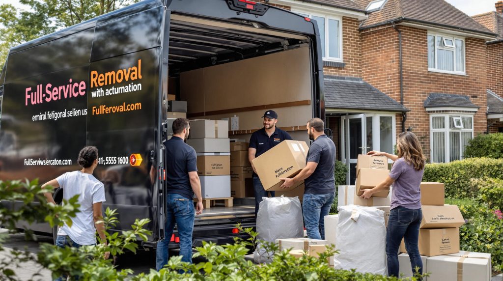 Moving team loading boxes into van with Full-Service Removal text