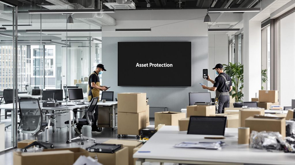 Professional UK office move team dismantling furniture, with 'Asset Protection' on digital signage.