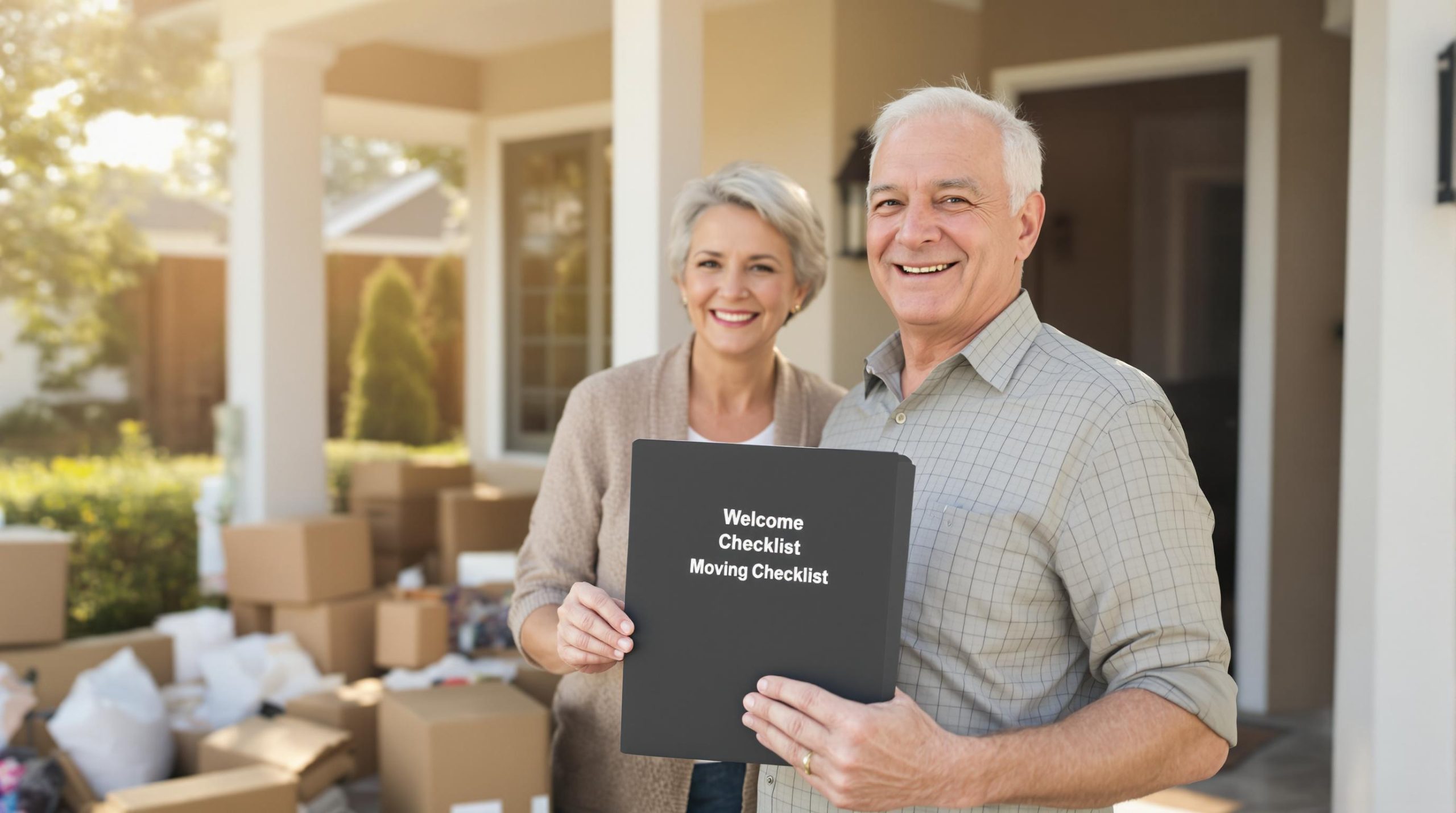 Senior couple outside new home holding moving checklist