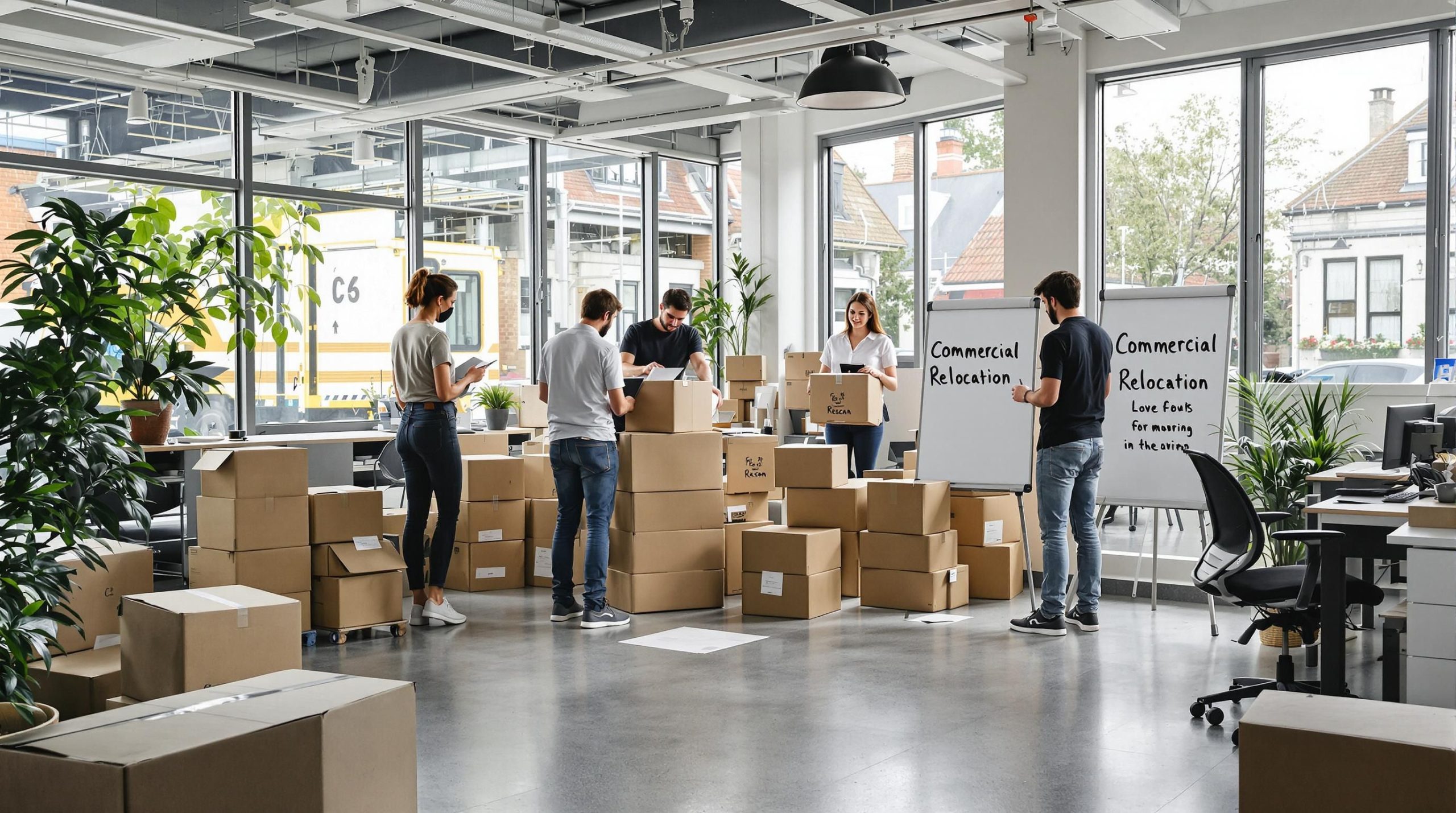 Team packing an office with boxes and equipment for business relocation