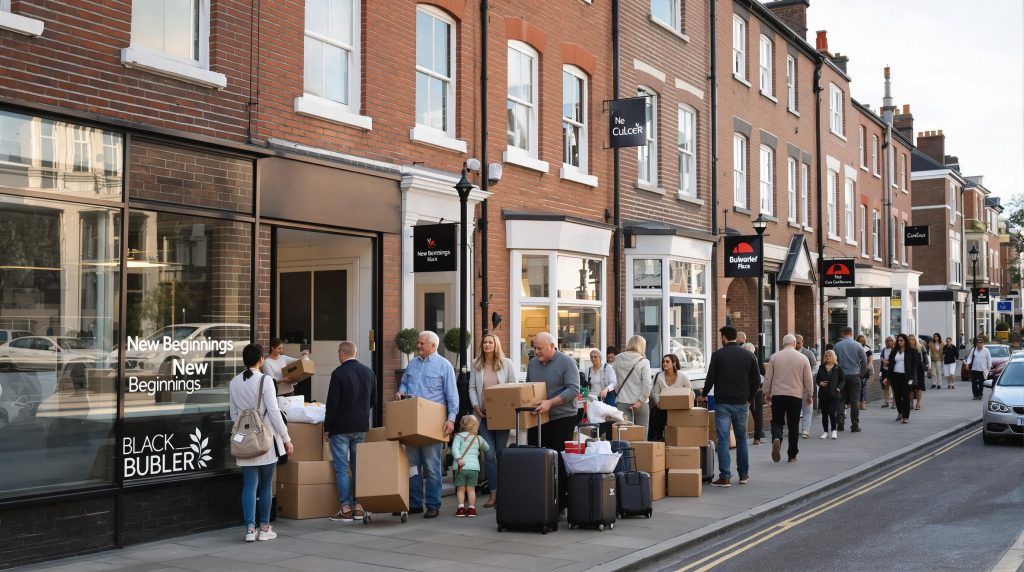 Diverse people gathering with boxes in Durham street showing moving excitement