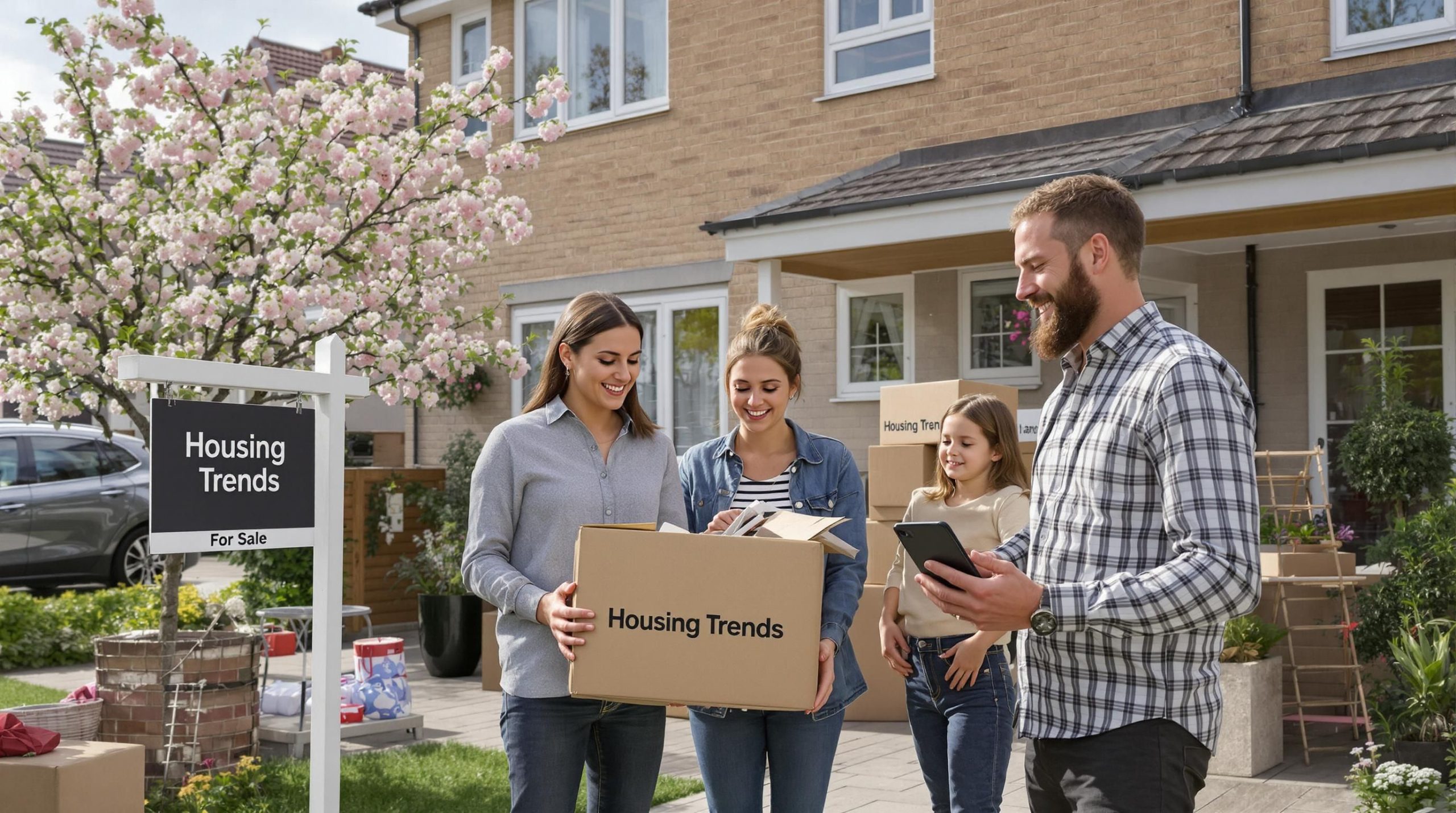 Young professionals and family moving into North East UK house with technology in use