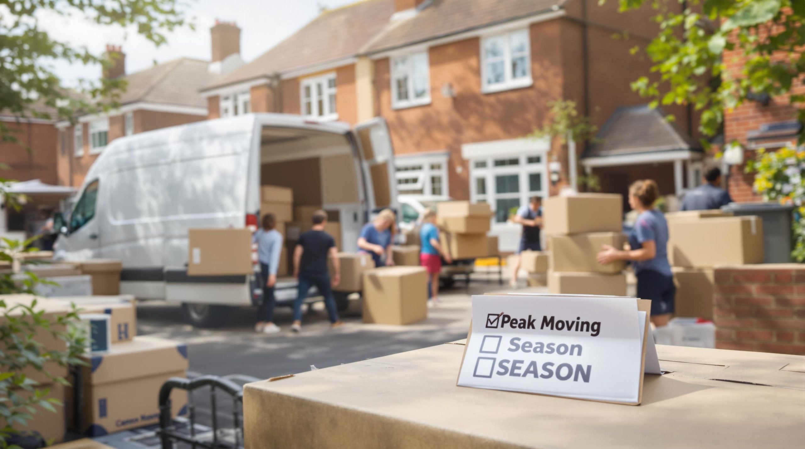 Darlington family and movers loading boxes into van in summer, illustrating peak moving season.