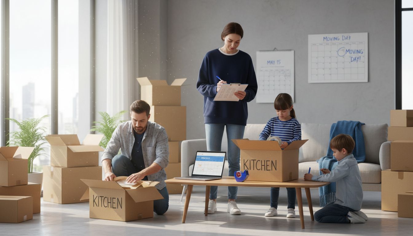 Family preparing for move with labeled boxes