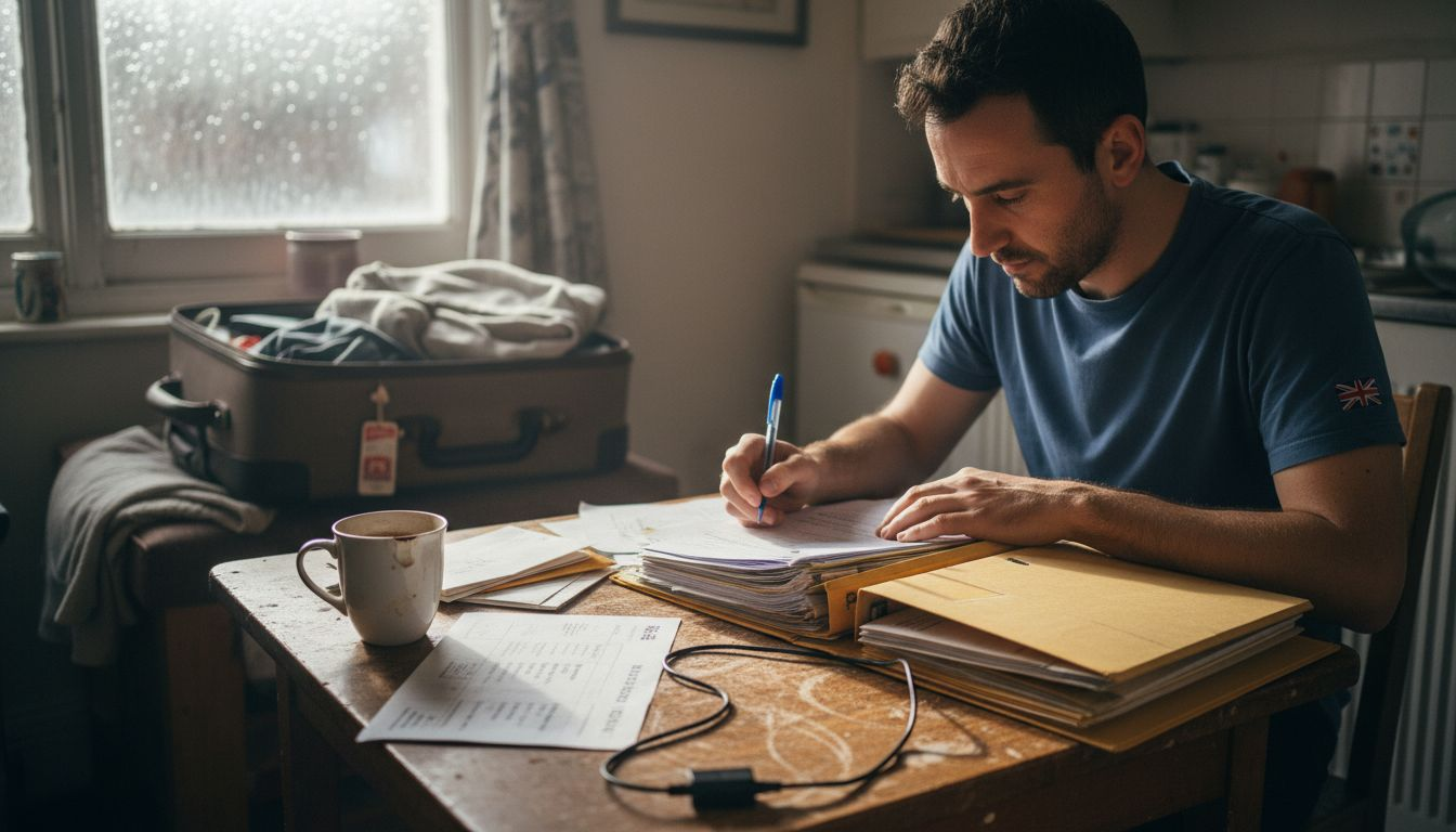 Man sorting documents for international relocation