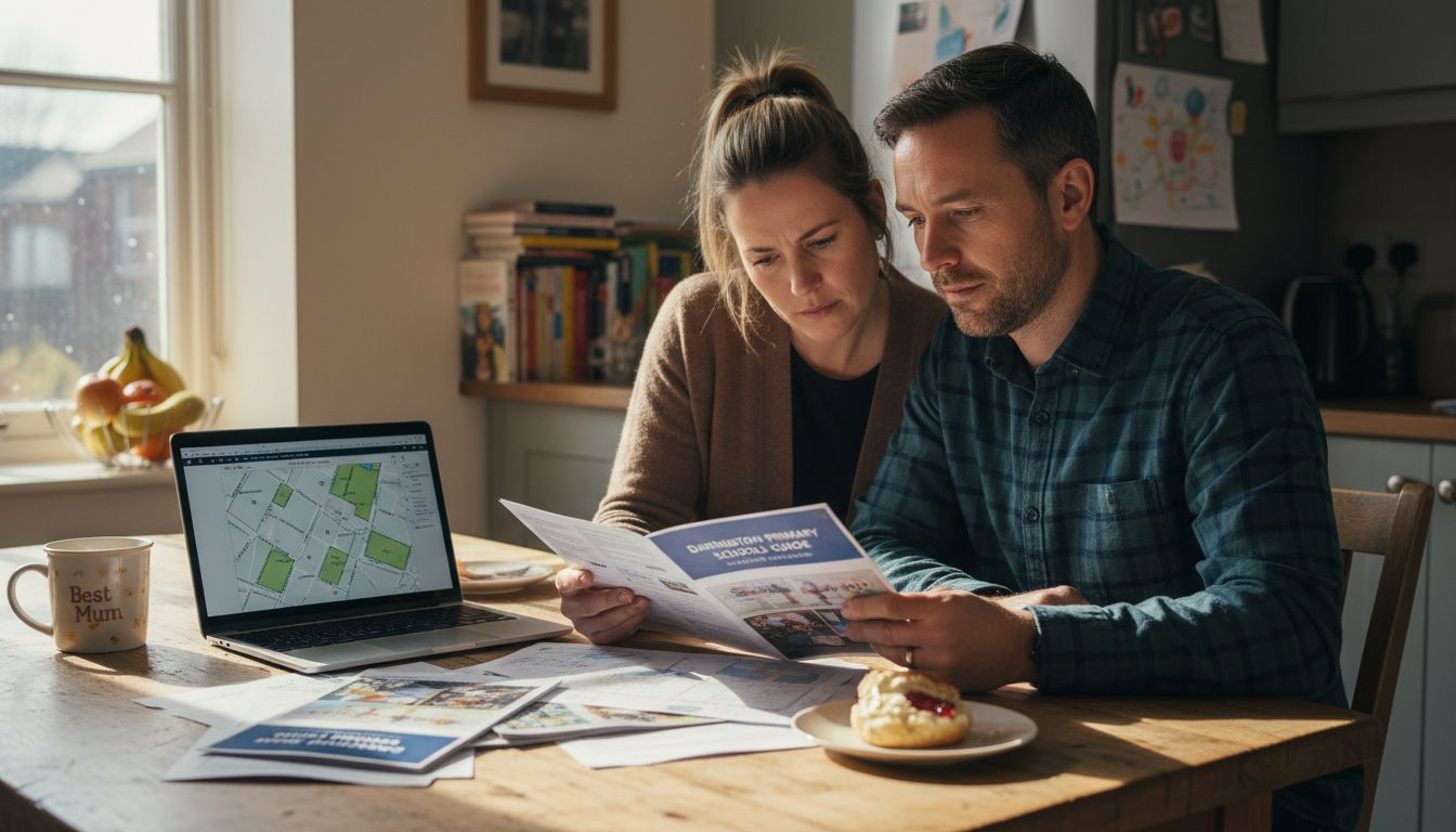 Parents reviewing Darlington school guides at kitchen table