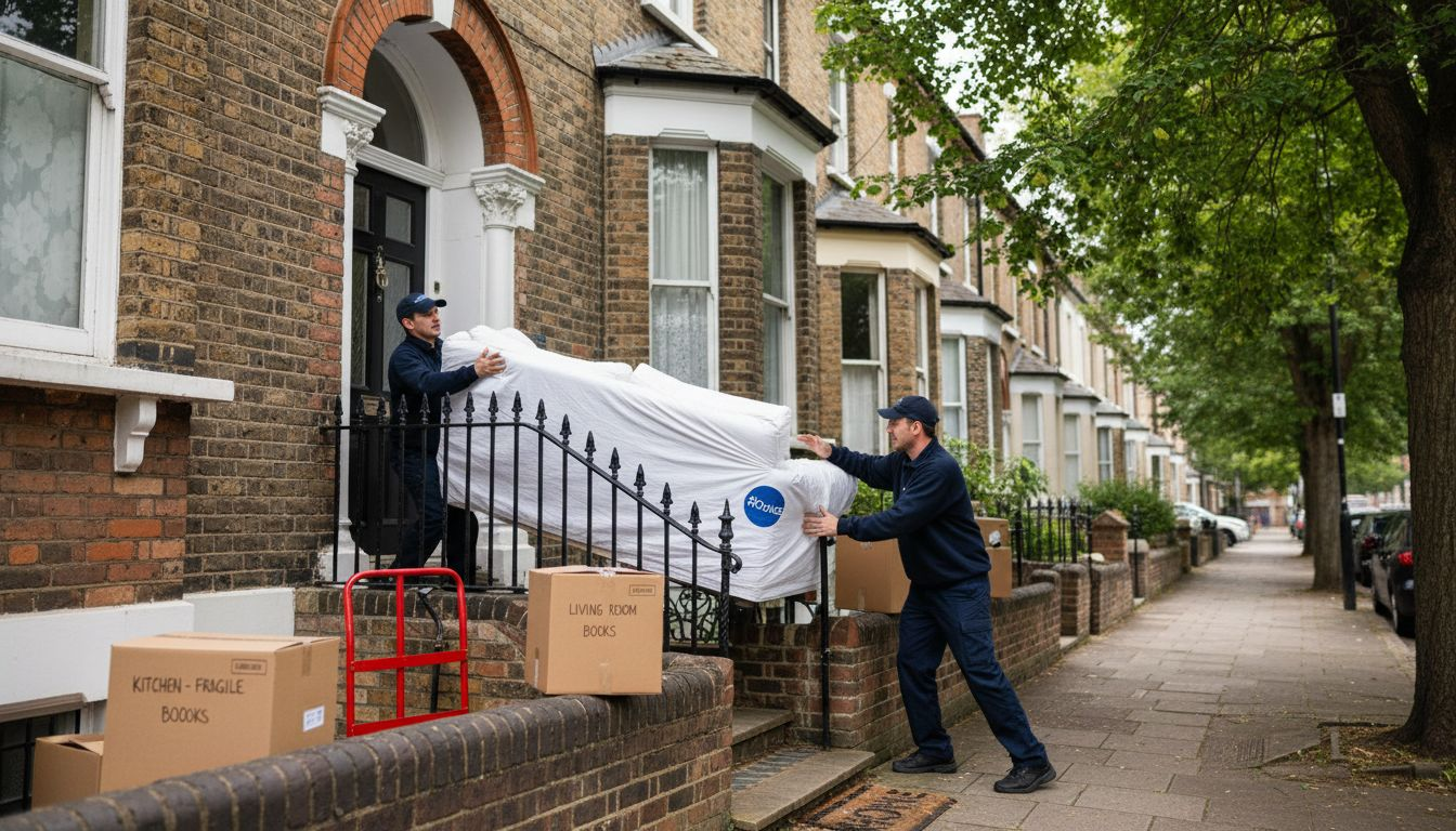 Removal team carrying sofa out of house