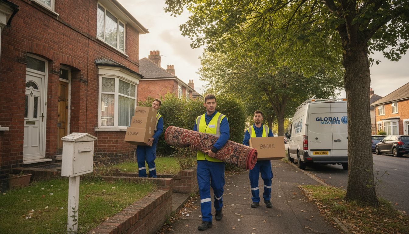 Moving team carrying boxes at residential house