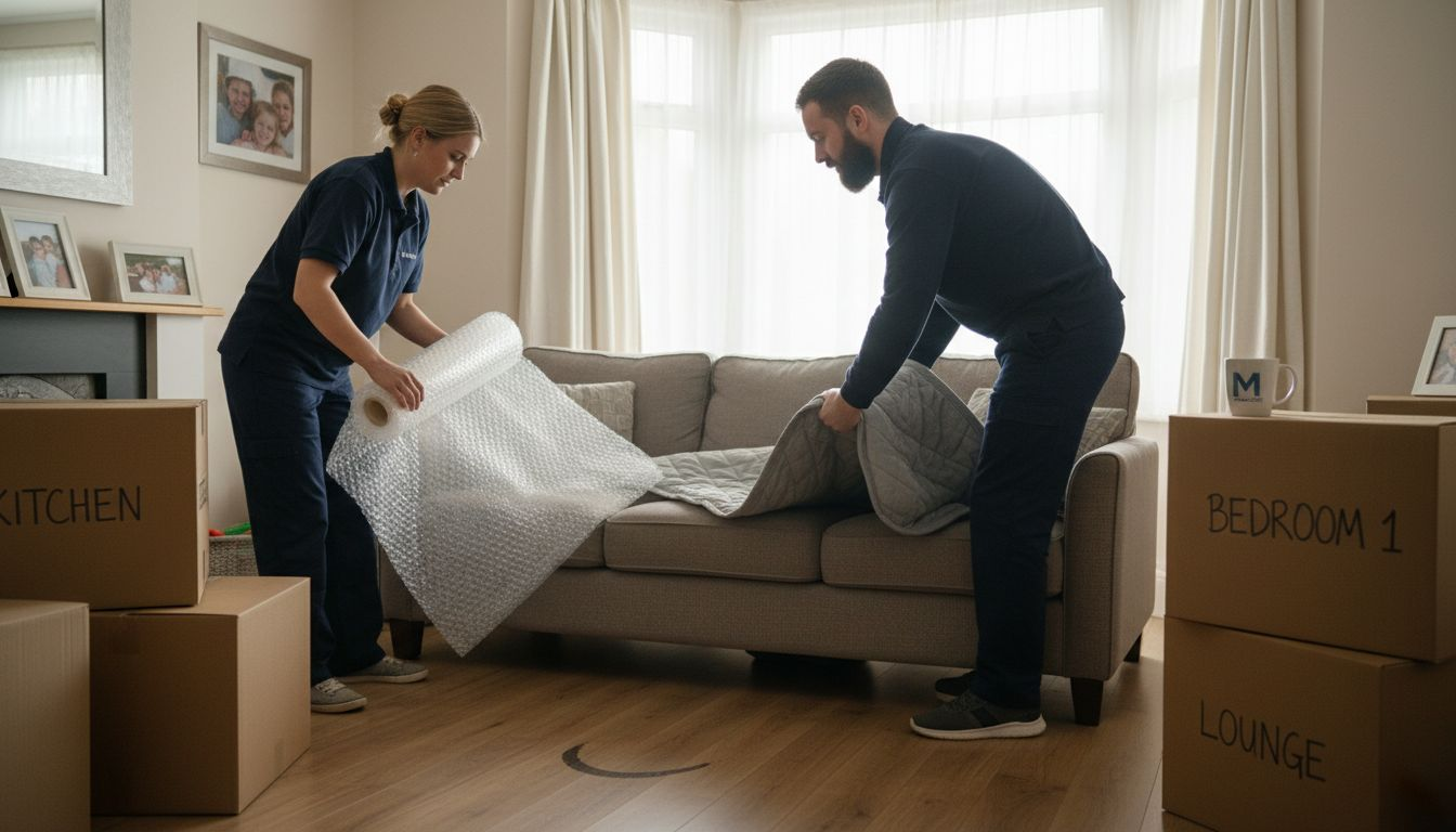 Movers wrapping sofa in sunny living room