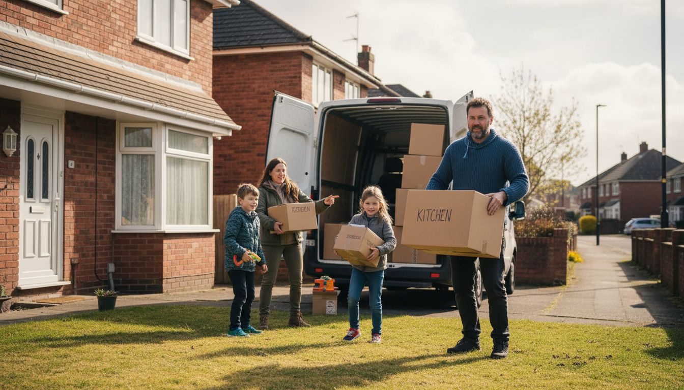 UK family loading boxes into moving van outside home