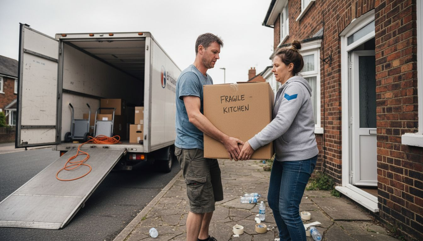 Couple lifting box outside brick house on moving day